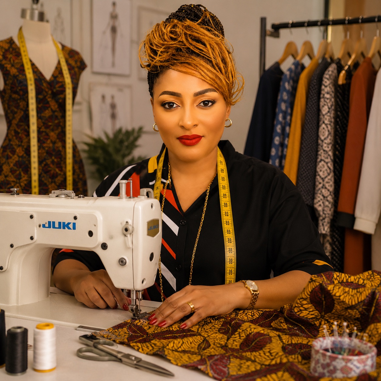 An ANTOSTYLE tailor sewing African wax fabric at the machine in the Kigali studio